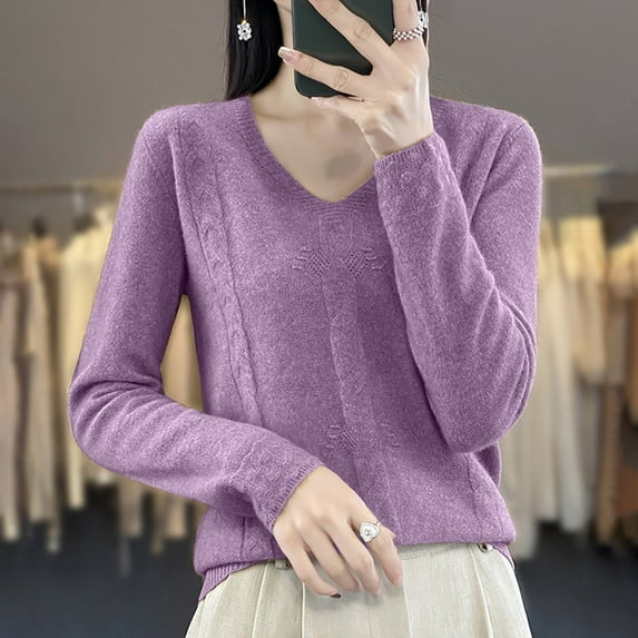 Aueoeo Women's Twists Knit Warm Sweater, Long Sleeve V-Neck Casual Pullover Solid Color Lightweight Soft Comfy Sweaters Tops Purple S