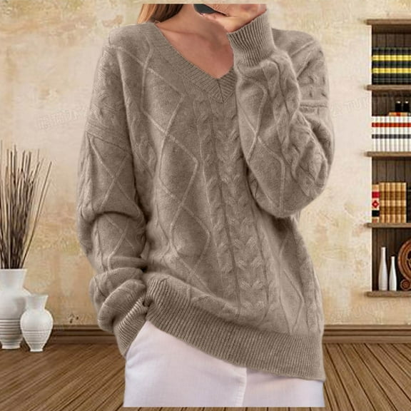 Aueoeo Women's V Neck Pullover Sweater Casual Winter Thick Warm Sweater Long Sleeve Knit Top Loose Pullover Sweater Coffee S