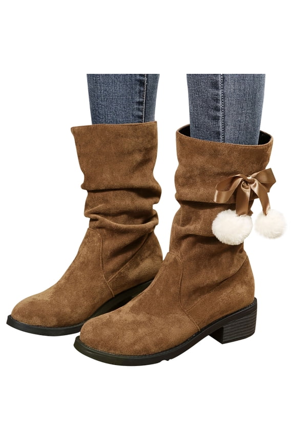 Women's Western Cowboy Cowgirls Boots Suede Round Toe Thick Heel Pile Boots Chunky Low Heels Wide Mid Calf Boots For Women Plush Ball Knight Slim Boots on Clearance