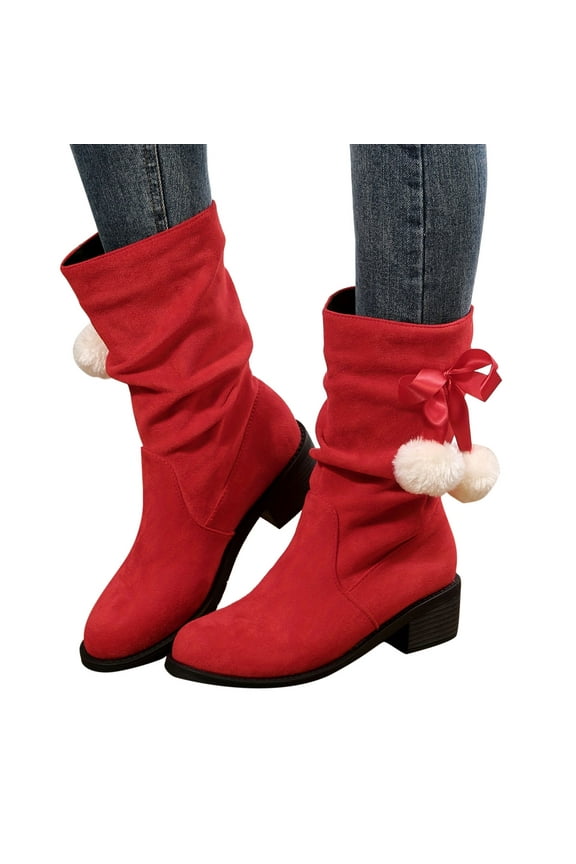 Women's Western Cowboy Cowgirls Boots Suede Round Toe Thick Heel Pile Boots Chunky Low Heels Wide Mid Calf Boots For Women Plush Ball Knight Slim Boots on Clearance