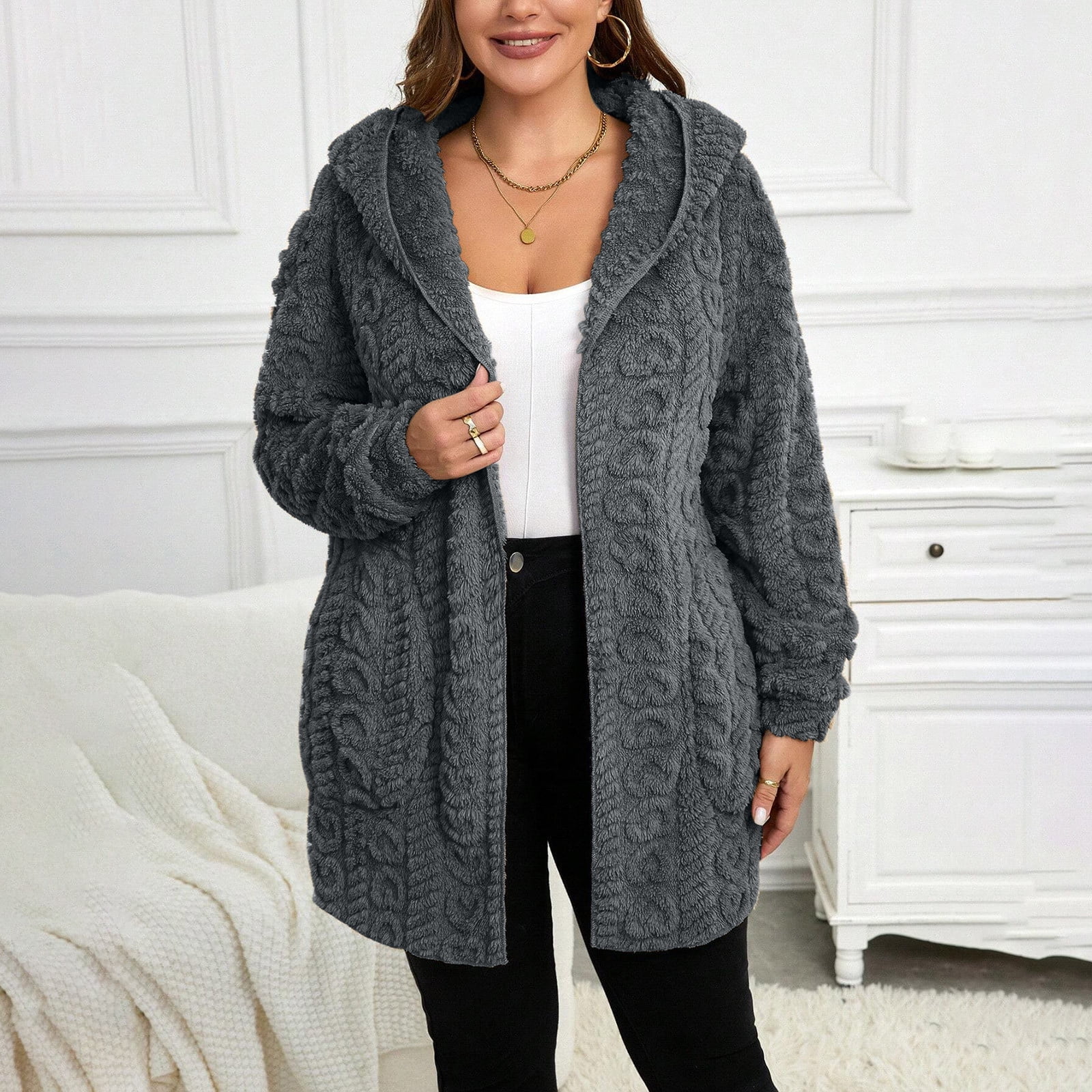 Organic Grey Hooded Zippered Pockets Winter Long sleeve Coat