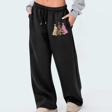 Aueoeo Women's Winter Sweatpants Wide Leg Sweatpants Warm High-Waisted Elastic Drawstring Sport Pants With Pockets Black L