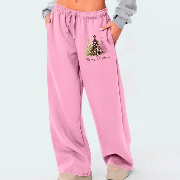 Aueoeo Women's Winter Sweatpants Wide Leg Sweatpants Warm High-Waisted Elastic Drawstring Sport Pants With Pockets Pink S