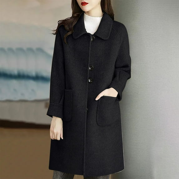 Aueoeo Women's Woolen Loose Overcoat Winter Medium Long Jacket With Pockets Single-Breasted Peacoat Black X-Large