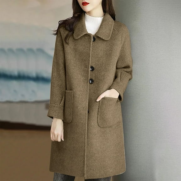 Aueoeo Women's Woolen Loose Overcoat Winter Medium Long Jacket With Pockets Single-Breasted Peacoat Khaki L