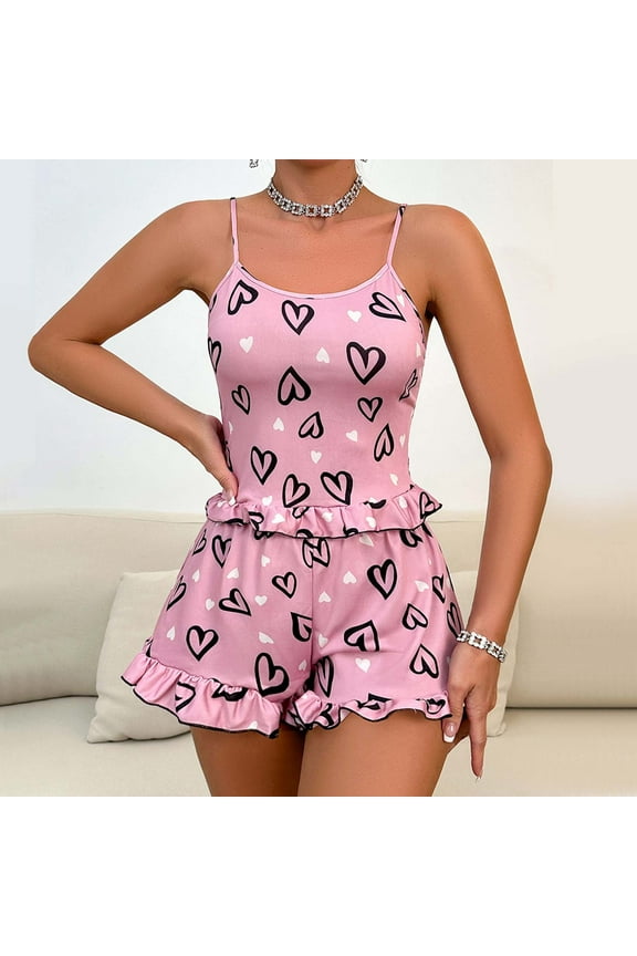 Women 's Y2k Two Piece Pajamas Set Cute Graphic Sleeveless Cami Tank Tops And Shorts Pjs Matching Outfits Pink L