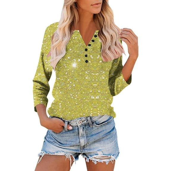 Aueoeo Womens 3/4 Length Sleeve Tops Dressy Casual Button V Neck Printed Daily Work Blouses Loose Fits Summer Business Shirts