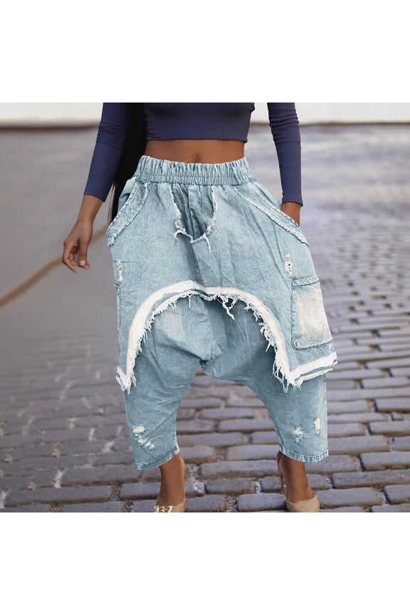 Womens Baggy Jean Distressed Ripped Jeans Fashion Loose Pants Workout Running Gym Track Travel Casual Stretch Pants
