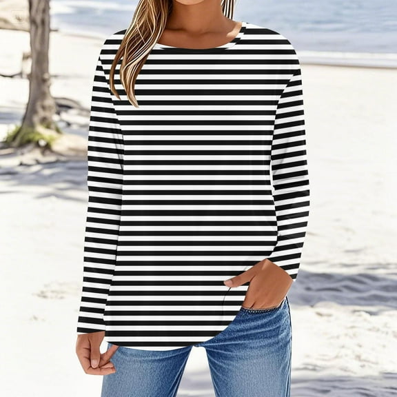 Aueoeo Womens Basic Stripe Shirts Classic Long Sleeve Round Neck Tee Solid Color Fall Tops Outfits Clothes for Ladies