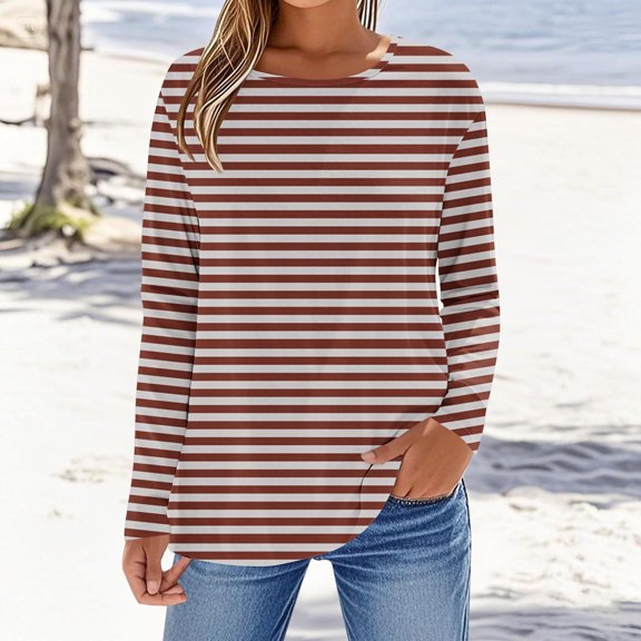 Aueoeo Womens Basic Stripe Shirts Classic Long Sleeve Round Neck Tee Solid Color Fall Tops Outfits Clothes for Ladies