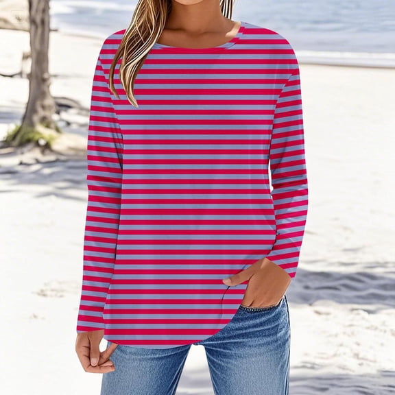 Aueoeo Womens Basic Stripe Shirts Classic Long Sleeve Round Neck Tee Solid Color Fall Tops Outfits Clothes for Ladies