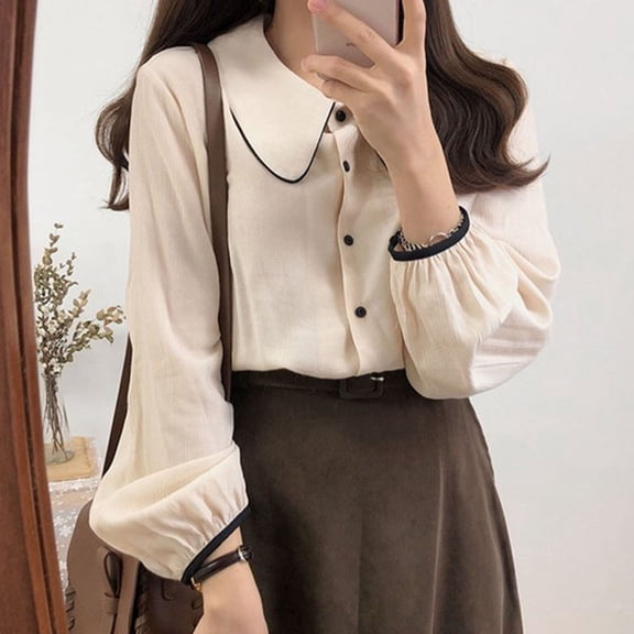 Aueoeo Womens Button Up Shirts Classic Long Sleeve Collared Office Work Blouses Cardigan Tops Blouse with Pocket