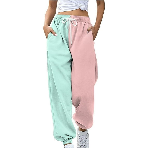 Aueoeo Womens Casual Color Block Sweatpants Trendy Loose Lounge Trousers with Pockets High Waist Jogger Pants