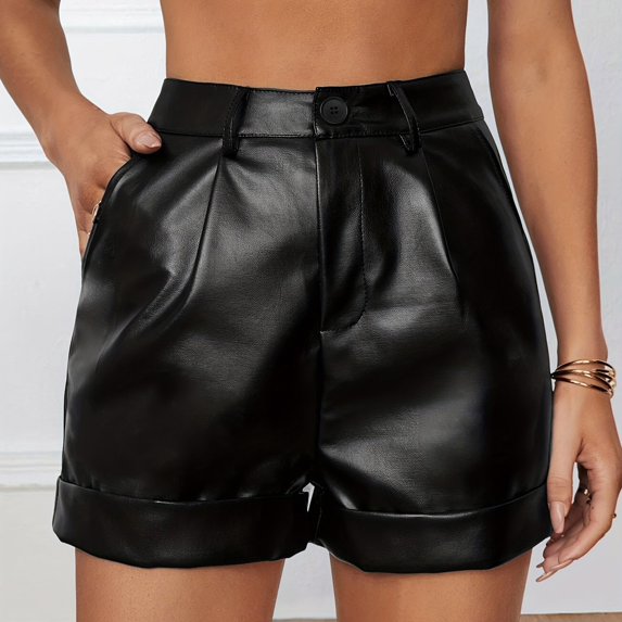 Aueoeo Womens Casual Faux Leather Shorts Button Up Fashion Trendy Shorts Going Out High Waist Shorts with Pockets