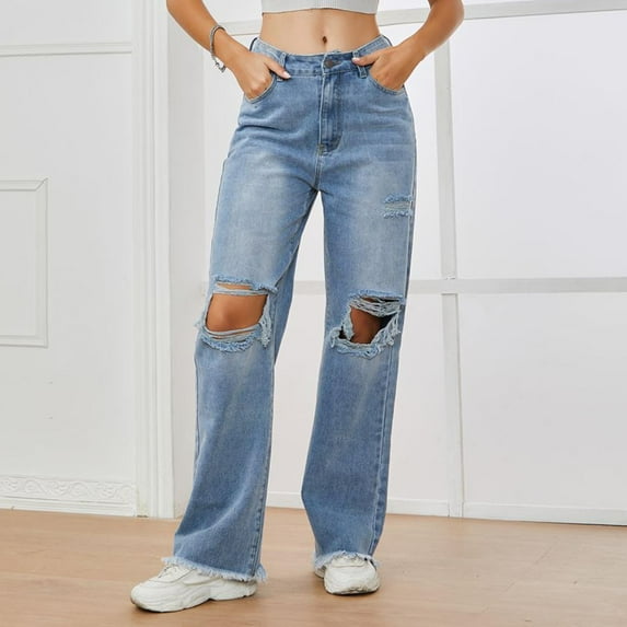Aueoeo Womens Casual Jeans Y2k High Waisted Ripped Cut Out Straight Leg Loose Baggy Denim Pants Trousers With Pockets