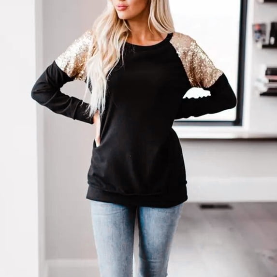 Aueoeo Womens Casual Sequins Shirt Crewneck Long Sleeve Tops Loose Tunics Pullover Blouse