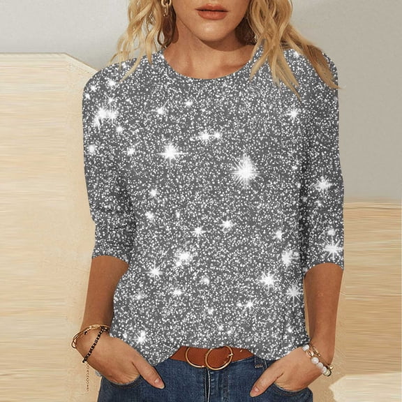 Aueoeo Womens Casual Tops 3/4 Sleeve Shirts Round Neck Loose Casual Blouses Printed Tshirts Trendy Business Work Top