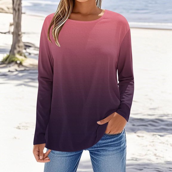 Aueoeo Womens Color Block T Shirts Long Sleeve Crew Neck Shirts Basic Tee Tops Blouse Regular Fitted Going Out Tops