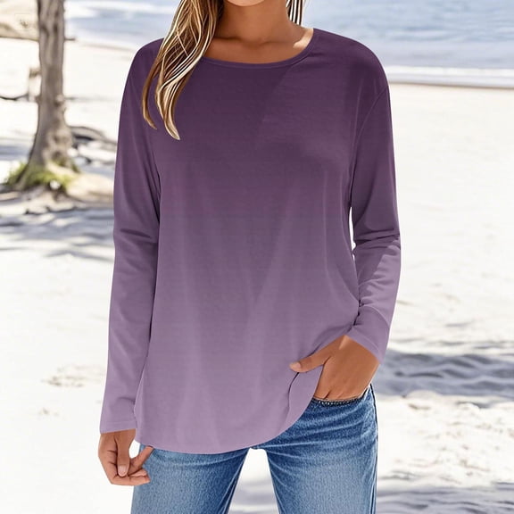 Aueoeo Womens Color Block T Shirts Long Sleeve Crew Neck Shirts Basic Tee Tops Blouse Regular Fitted Going Out Tops