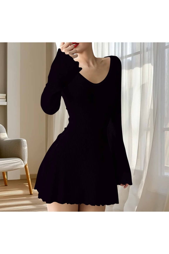 Womens Comfortable Dresses Fashion Casual Crew Neck Pleated Dress Long Sleeved Elasticity Stretch Mini Dress