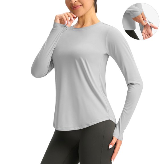 Aueoeo Womens Crew Neck Shirts UPF 50+ Sun Protection Tops Lightweight Performance Long Sleeve Shirt For Fishing Running