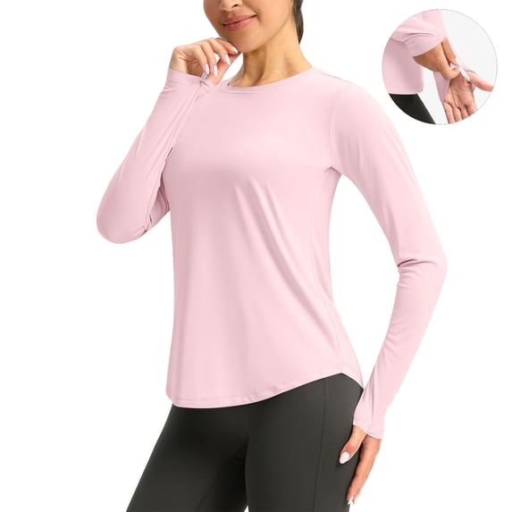 Aueoeo Womens Crew Neck Shirts UPF 50+ Sun Protection Tops Lightweight Performance Long Sleeve Shirt For Fishing Running