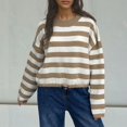 thumbnail image 1 of Aueoeo Womens Cropped Striped Pullover Sweater Crew Neck Long Sleeve Knitted Color Block Casual Sweaters, 1 of 4