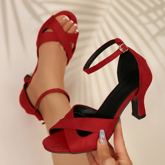 Aueoeo Womens Crossed Strap Sandals Ankle Strap High Heeled Sandals Mid Block Heel Round Open Toe Summer Wedding Dress Shoes