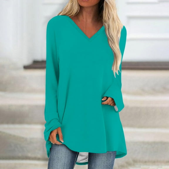 Aueoeo Womens Fall Long Sleeve Tops V Neck T Shirts Loose Comfy Blouses Casual Pullover Tunic Tops