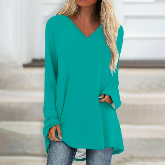 Aueoeo Womens Fall Long Sleeve Tops V Neck T Shirts Loose Comfy Blouses Casual Pullover Tunic Tops