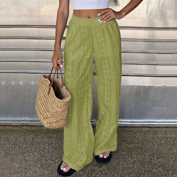 Aueoeo Womens Fashion Pants Solid Color Lace Hollow-out Casual Elastic Waist Long Pants Trendy Casual Joggers Pants