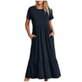 thumbnail image 1 of Aueoeo Womens Formal Dresses, Women's Summer Casual Crewneck Short Sleeve Dress Flowy Tiered Maxi Beach Dress with Pockets, 1 of 8