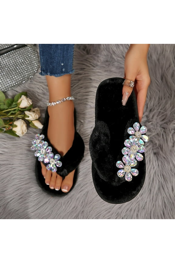 Womens Fuzzy Slippers Flip Flop Open Toes Cozy Home Slippers Furry Open Toe House Shoes Indoor Outdoor Slide Slipper