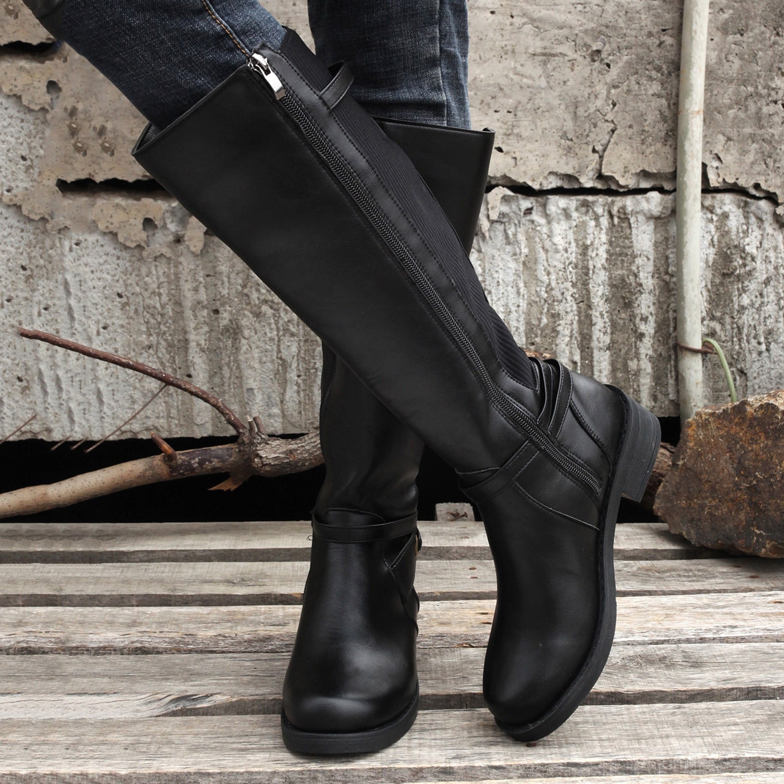 Aueoeo Womens Knee High Boots Wide Calf Flat Low Heel Side