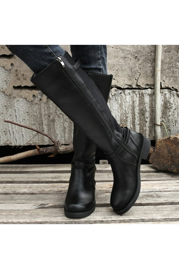 Womens Knee High Boots Wide Calf Flat Low Heel Side Zipper Faux Leather Fashion Winter Knit Stretch Riding Boot Black