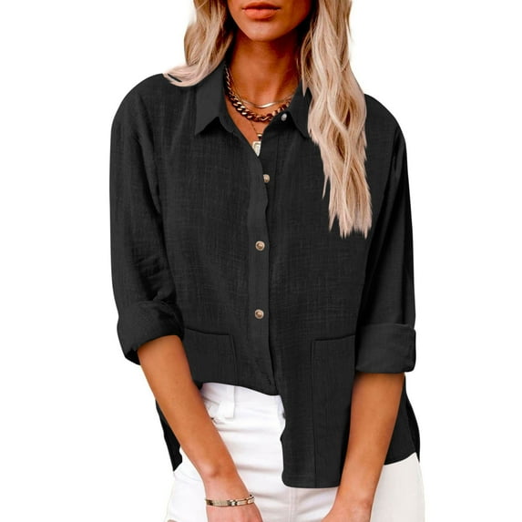 Aueoeo Womens Lightweight Shirts Button Up Shirts Long Sleeve Linen Shirt Oversized Basic Blouses Tops with Two Pocket