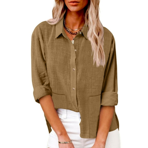 Aueoeo Womens Lightweight Shirts Button Up Shirts Long Sleeve Linen Shirt Oversized Basic Blouses Tops with Two Pocket