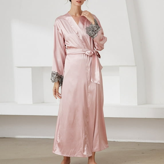 Aueoeo Womens Long Robe, Lightweight Long Bathrobe ,Long Sleeve Thin Sleepwear Soft Ladies Lace Trim Loungewear Pink L