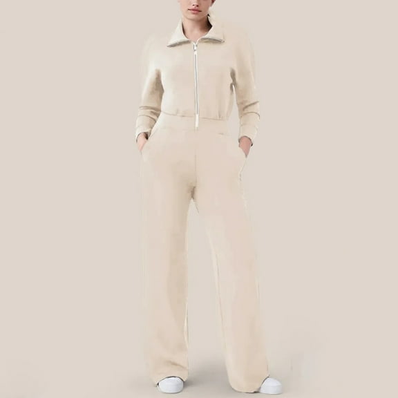 Aueoeo Womens Long Sleeve Jumpsuit One Piece Jumpsuit Zip Up Lapel Wide Leg Jumpsuit Rompers with Pockets