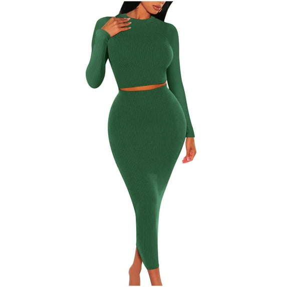 Aueoeo Womens Lounge Sets 2 Piece Outfits, Women Sexy Two Piece Skirt Outfits Long Sleeve Crewneck Bodycon Ribbed Knitted Maxi Club Party Dress