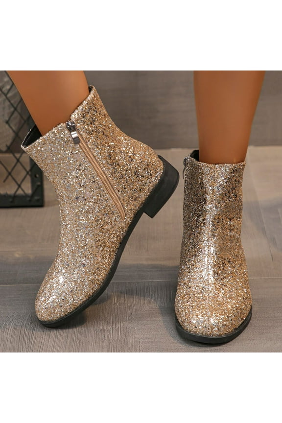 Womens Low Block Heel Glitter Ankle Boots sequin Low Heeled Fashion Boots Sparkly Glitter Block Heel Booties Gold