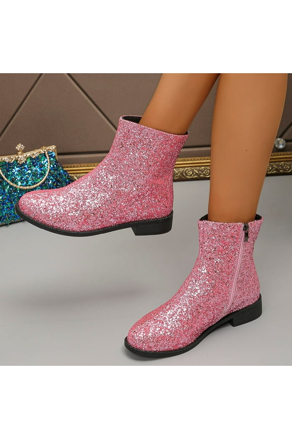 Womens Low Block Heel Glitter Ankle Boots sequin Low Heeled Fashion Boots Sparkly Glitter Block Heel Booties Pink