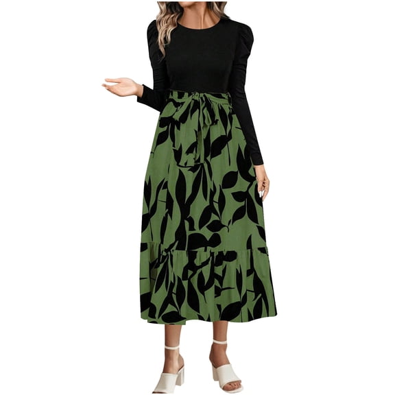 Aueoeo Womens Maxi Dress Long Sleeve Crew Neck Dresses Boho Chiffon Floral Printed Long Party Dresses with Belt
