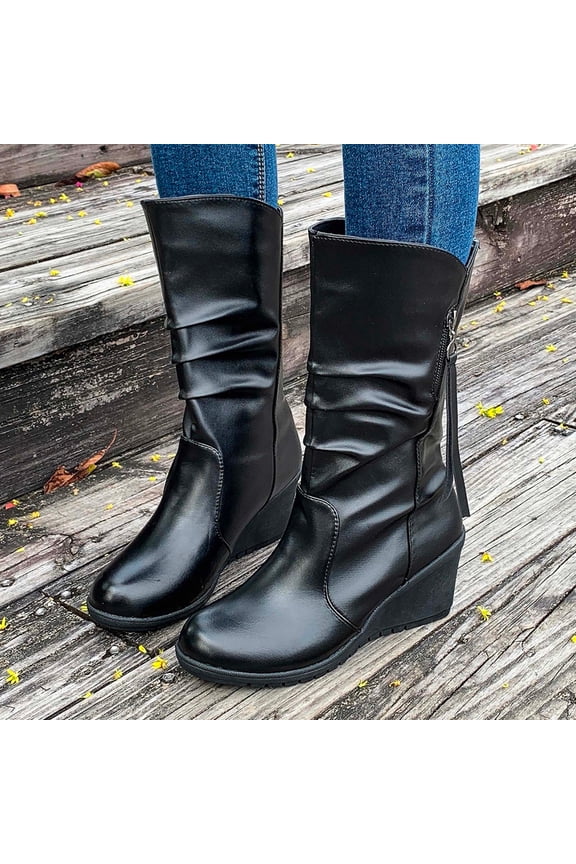 Womens Mid Calf Boots Wedge Heel Platforms Round Toe Faux Leather Chunky Heels Side Zipper Booties Black