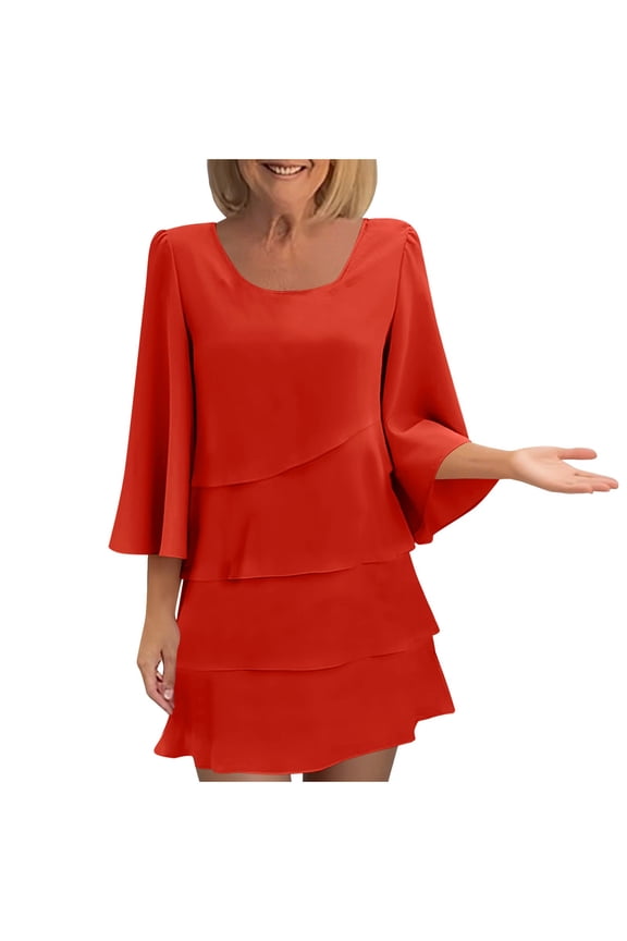 Womens Midi Dresses Elegant Long Sleeve Short Dress Wedding Guest Crewneck Waist Pleated Ruffle Cocktail Dresses