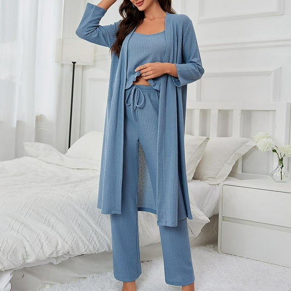 Aueoeo Womens Pajama Set Waffles Knit 3 Piece Pajama Sets Tank Tops Loose Pants with Long Cardigan Loungewear Blue L