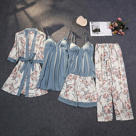 Aueoeo Womens Pajama Sets 5Pcs Satin Pajamas Floral Print Sleepwear Soft Robe Top Short/Long Pajamas Sets Blue S