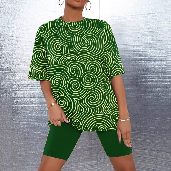 Aueoeo Womens Pajama Sets Comfy Short Sleeve Sleepwear Color Print Tops And Tight Shorts Cute Crew-Neck Pjs 2 Piece Loungewear Green X-Large