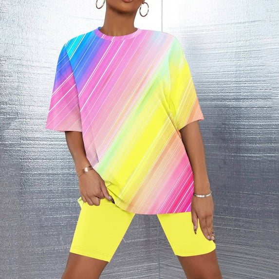 Aueoeo Womens Pajama Sets Comfy Short Sleeve Sleepwear Color Print Tops And Tight Shorts Cute Crew-Neck Pjs 2 Piece Loungewear Yellow L