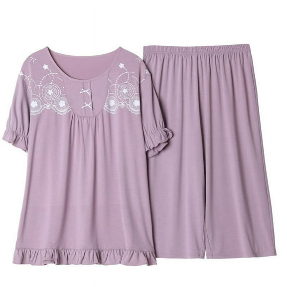 Aueoeo Womens Pajama Sets Two Piece Sleep Shirt Short Sleeve Crew Neck Print Pjs Set Tops with Capris Pants Sleepwear Navy XX-Large